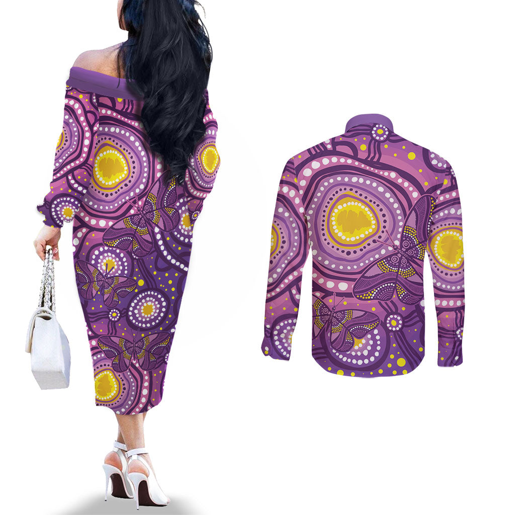 Australia Indigenous World Cancer Day Purple Aboriginal Couples Matching Off The Shoulder Long Sleeve Dress and Long Sleeve Button Shirt Butterfly Ribbon