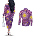 Australia Indigenous World Cancer Day Purple Aboriginal Couples Matching Off The Shoulder Long Sleeve Dress and Long Sleeve Button Shirt Butterfly Ribbon
