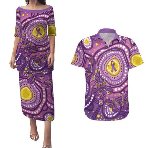 Australia Indigenous World Cancer Day Purple Aboriginal Couples Matching Puletasi and Hawaiian Shirt Butterfly Ribbon
