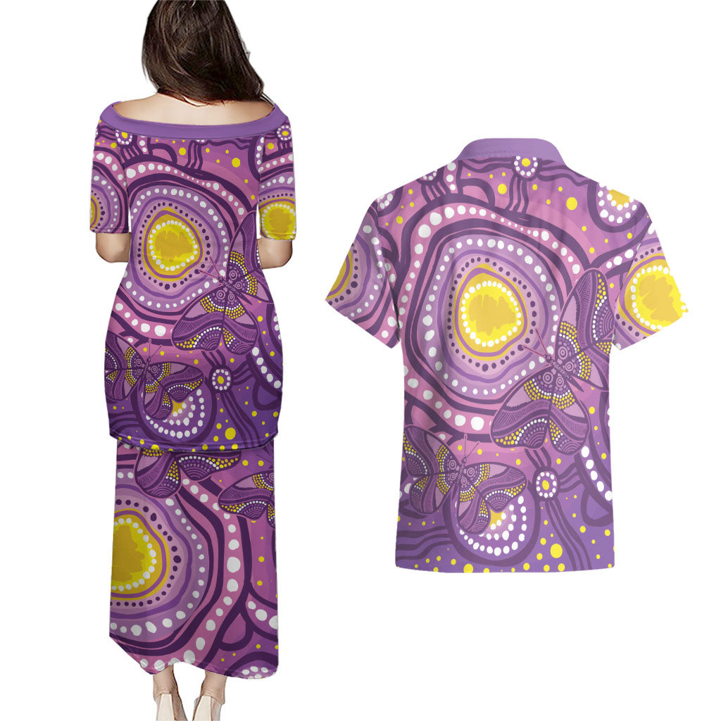 Australia Indigenous World Cancer Day Purple Aboriginal Couples Matching Puletasi and Hawaiian Shirt Butterfly Ribbon