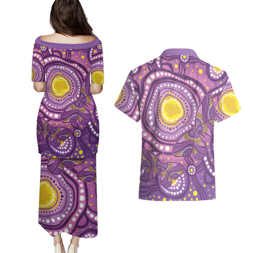Australia Indigenous World Cancer Day Purple Aboriginal Couples Matching Puletasi and Hawaiian Shirt Butterfly Ribbon