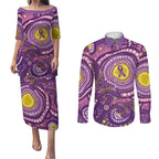 Australia Indigenous World Cancer Day Purple Aboriginal Couples Matching Puletasi and Long Sleeve Button Shirt Butterfly Ribbon