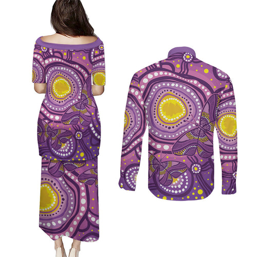 Australia Indigenous World Cancer Day Purple Aboriginal Couples Matching Puletasi and Long Sleeve Button Shirt Butterfly Ribbon