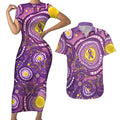 Australia Indigenous World Cancer Day Purple Aboriginal Couples Matching Short Sleeve Bodycon Dress and Hawaiian Shirt Butterfly Ribbon