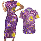 Australia Indigenous World Cancer Day Purple Aboriginal Couples Matching Short Sleeve Bodycon Dress and Hawaiian Shirt Butterfly Ribbon