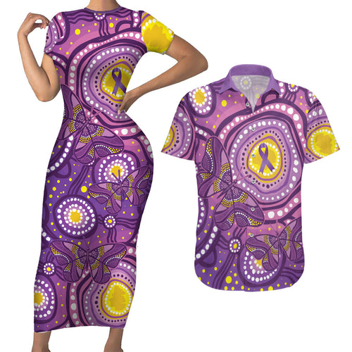 Australia Indigenous World Cancer Day Purple Aboriginal Couples Matching Short Sleeve Bodycon Dress and Hawaiian Shirt Butterfly Ribbon