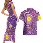 Australia Indigenous World Cancer Day Purple Aboriginal Couples Matching Short Sleeve Bodycon Dress and Hawaiian Shirt Butterfly Ribbon