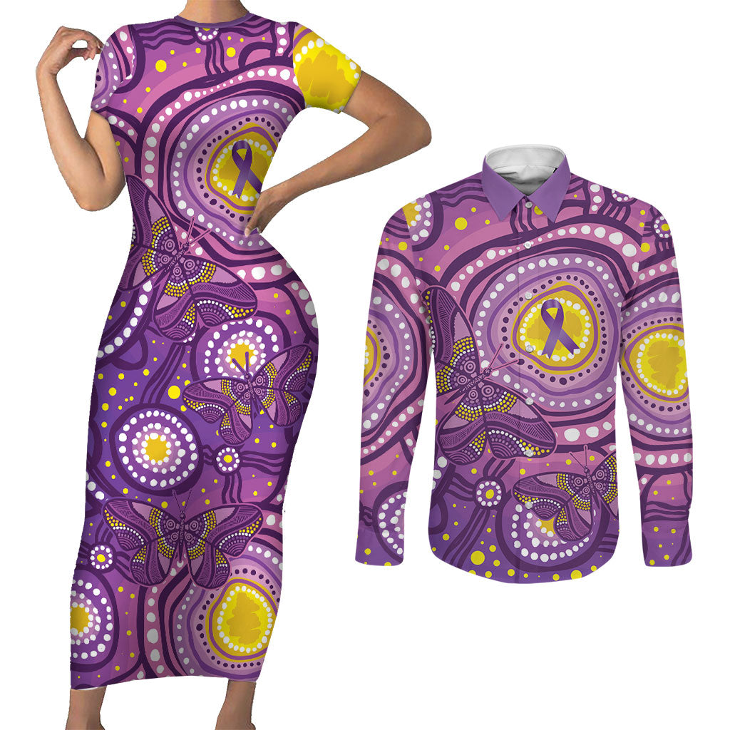 Australia Indigenous World Cancer Day Purple Aboriginal Couples Matching Short Sleeve Bodycon Dress and Long Sleeve Button Shirt Butterfly Ribbon