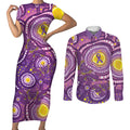 Australia Indigenous World Cancer Day Purple Aboriginal Couples Matching Short Sleeve Bodycon Dress and Long Sleeve Button Shirt Butterfly Ribbon