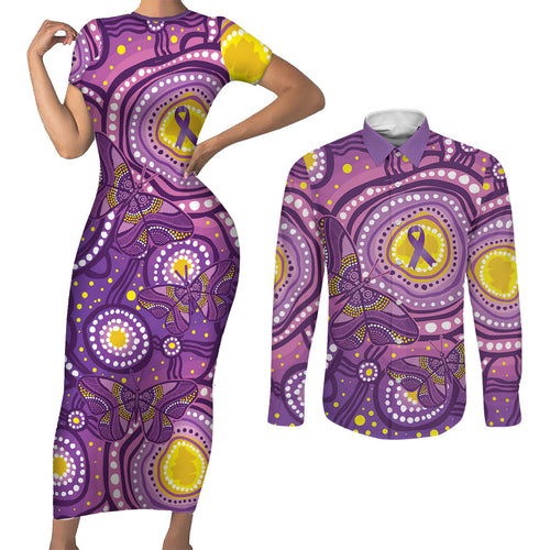 Australia Indigenous World Cancer Day Purple Aboriginal Couples Matching Short Sleeve Bodycon Dress and Long Sleeve Button Shirt Butterfly Ribbon