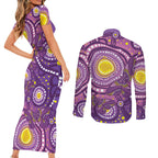 Australia Indigenous World Cancer Day Purple Aboriginal Couples Matching Short Sleeve Bodycon Dress and Long Sleeve Button Shirt Butterfly Ribbon