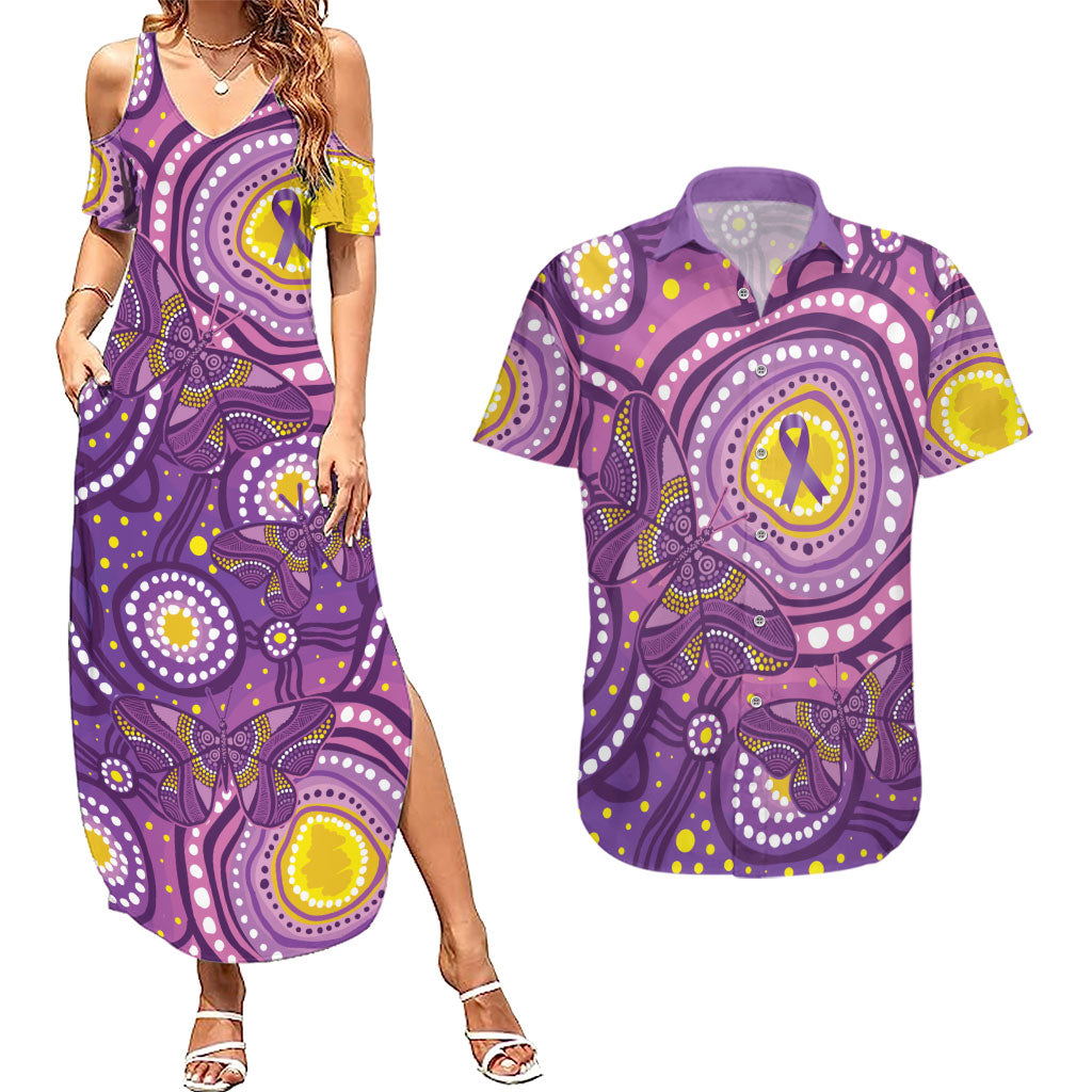 Australia Indigenous World Cancer Day Purple Aboriginal Couples Matching Summer Maxi Dress and Hawaiian Shirt Butterfly Ribbon
