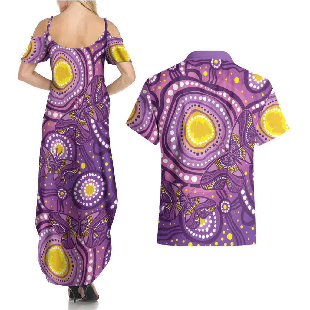 Australia Indigenous World Cancer Day Purple Aboriginal Couples Matching Summer Maxi Dress and Hawaiian Shirt Butterfly Ribbon