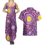 Australia Indigenous World Cancer Day Purple Aboriginal Couples Matching Summer Maxi Dress and Hawaiian Shirt Butterfly Ribbon