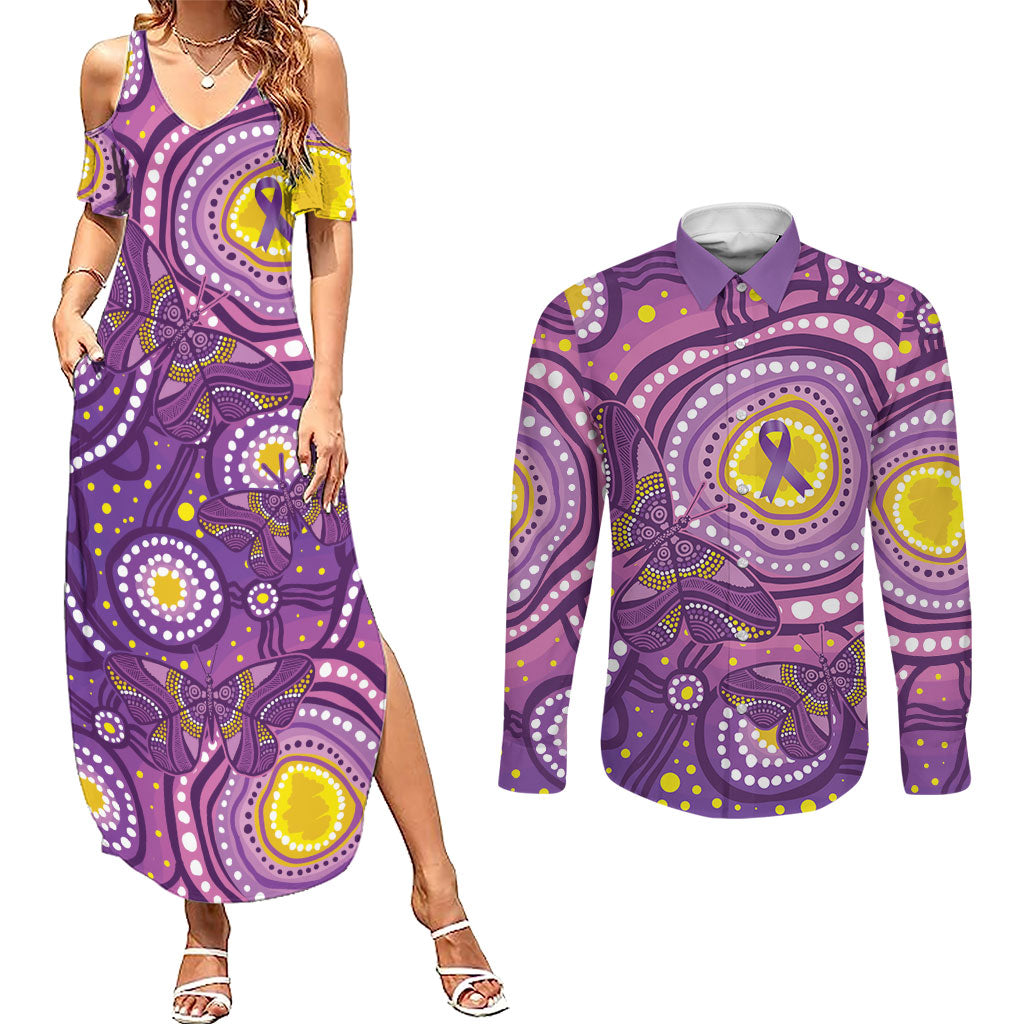 Australia Indigenous World Cancer Day Purple Aboriginal Couples Matching Summer Maxi Dress and Long Sleeve Button Shirt Butterfly Ribbon