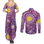 Australia Indigenous World Cancer Day Purple Aboriginal Couples Matching Summer Maxi Dress and Long Sleeve Button Shirt Butterfly Ribbon
