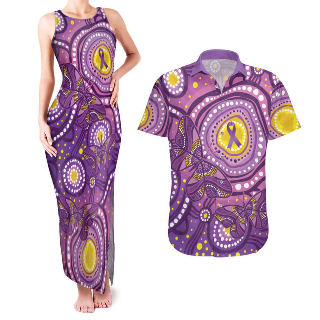 Australia Indigenous World Cancer Day Purple Aboriginal Couples Matching Tank Maxi Dress and Hawaiian Shirt Butterfly Ribbon