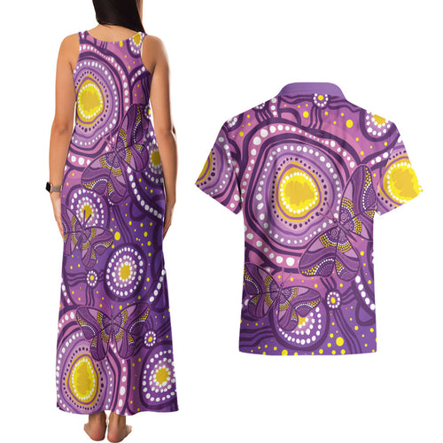 Australia Indigenous World Cancer Day Purple Aboriginal Couples Matching Tank Maxi Dress and Hawaiian Shirt Butterfly Ribbon