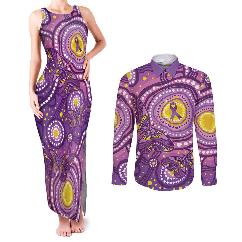 Australia Indigenous World Cancer Day Purple Aboriginal Couples Matching Tank Maxi Dress and Long Sleeve Button Shirt Butterfly Ribbon
