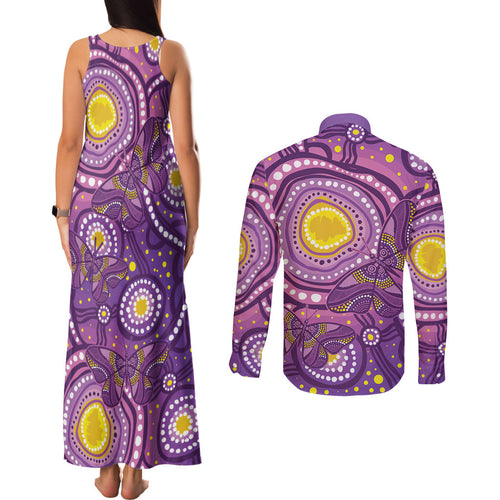 Australia Indigenous World Cancer Day Purple Aboriginal Couples Matching Tank Maxi Dress and Long Sleeve Button Shirt Butterfly Ribbon