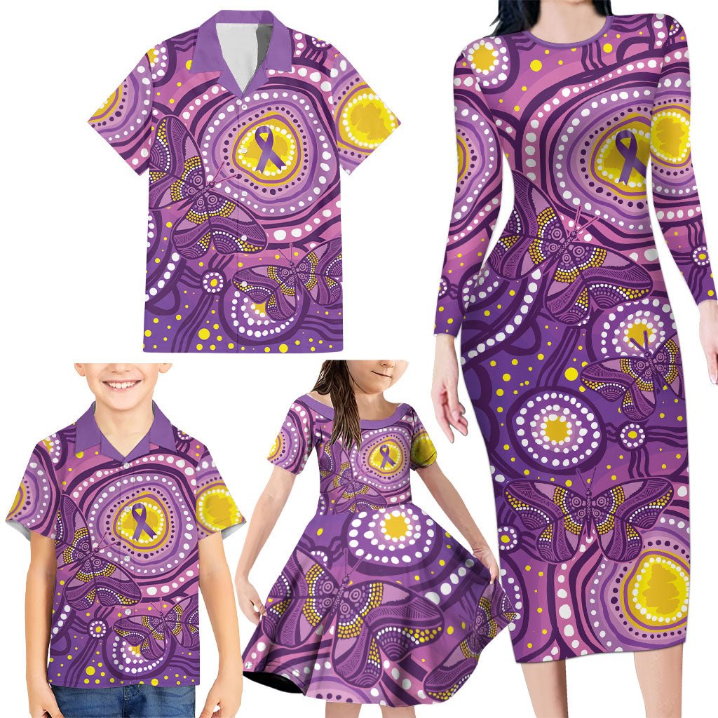 Australia Indigenous World Cancer Day Purple Aboriginal Family Matching Long Sleeve Bodycon Dress and Hawaiian Shirt Butterfly Ribbon