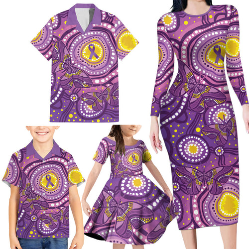 Australia Indigenous World Cancer Day Purple Aboriginal Family Matching Long Sleeve Bodycon Dress and Hawaiian Shirt Butterfly Ribbon