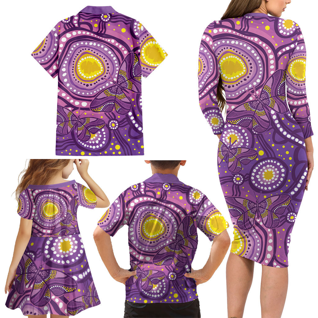 Australia Indigenous World Cancer Day Purple Aboriginal Family Matching Long Sleeve Bodycon Dress and Hawaiian Shirt Butterfly Ribbon