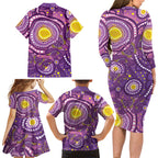 Australia Indigenous World Cancer Day Purple Aboriginal Family Matching Long Sleeve Bodycon Dress and Hawaiian Shirt Butterfly Ribbon