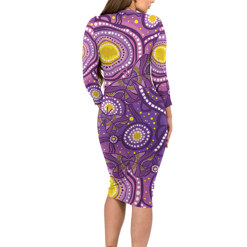 Australia Indigenous World Cancer Day Purple Aboriginal Family Matching Long Sleeve Bodycon Dress and Hawaiian Shirt Butterfly Ribbon