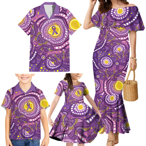 Australia Indigenous World Cancer Day Purple Aboriginal Family Matching Mermaid Dress and Hawaiian Shirt Butterfly Ribbon