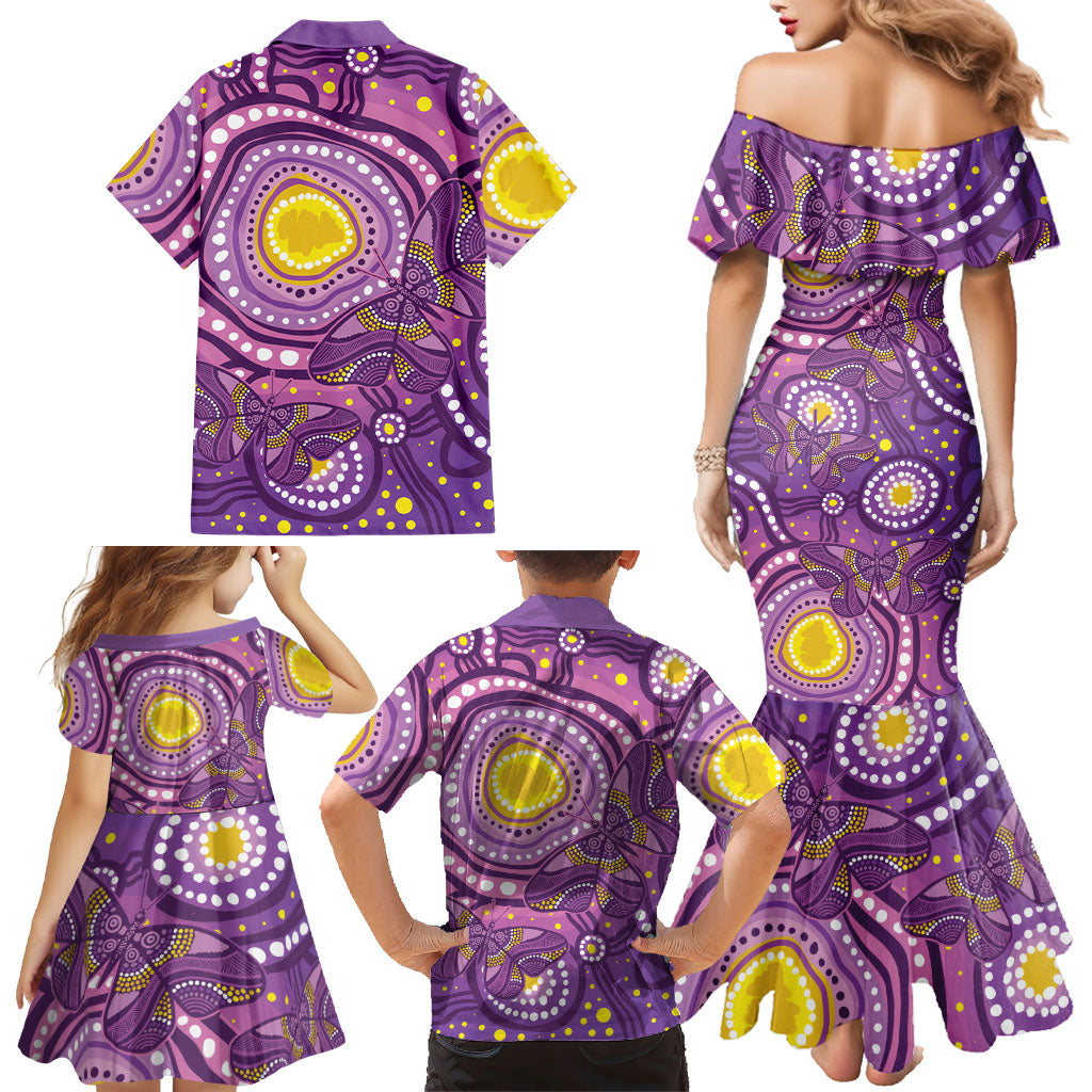 Australia Indigenous World Cancer Day Purple Aboriginal Family Matching Mermaid Dress and Hawaiian Shirt Butterfly Ribbon