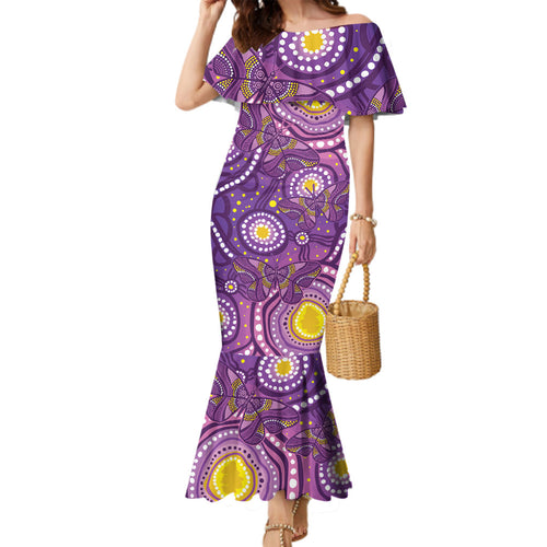 Australia Indigenous World Cancer Day Purple Aboriginal Family Matching Mermaid Dress and Hawaiian Shirt Butterfly Ribbon