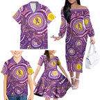 Australia Indigenous World Cancer Day Purple Aboriginal Family Matching Off The Shoulder Long Sleeve Dress and Hawaiian Shirt Butterfly Ribbon