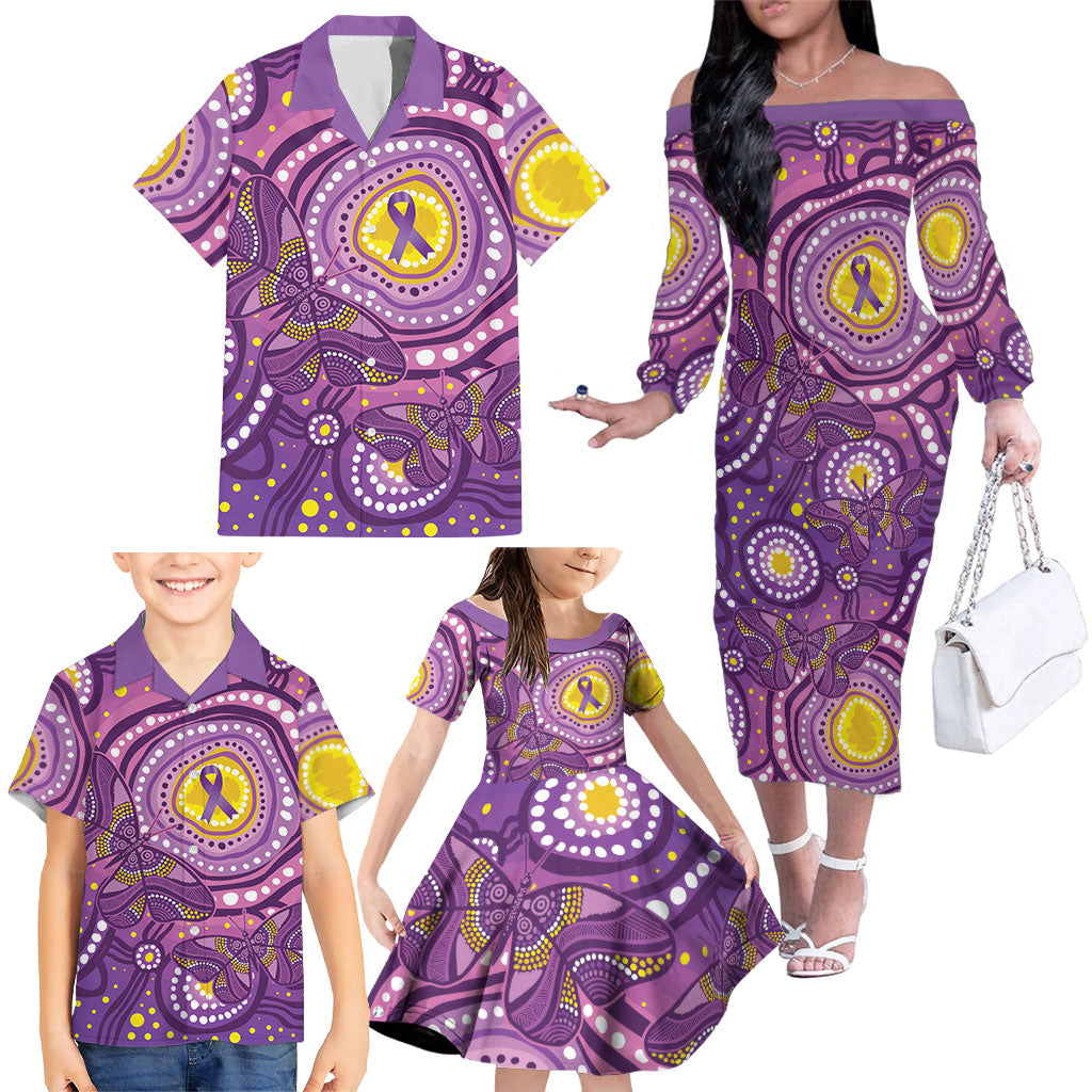 Australia Indigenous World Cancer Day Purple Aboriginal Family Matching Off The Shoulder Long Sleeve Dress and Hawaiian Shirt Butterfly Ribbon