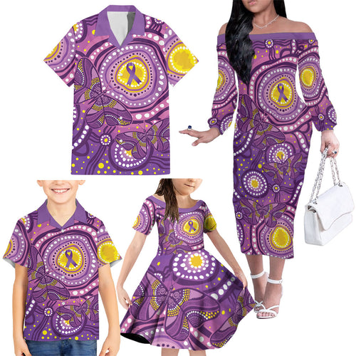 Australia Indigenous World Cancer Day Purple Aboriginal Family Matching Off The Shoulder Long Sleeve Dress and Hawaiian Shirt Butterfly Ribbon