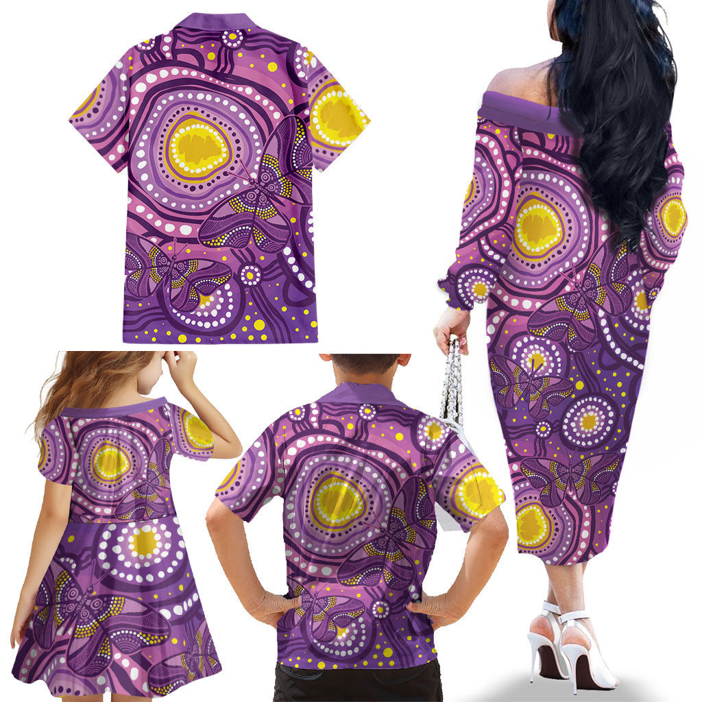 Australia Indigenous World Cancer Day Purple Aboriginal Family Matching Off The Shoulder Long Sleeve Dress and Hawaiian Shirt Butterfly Ribbon