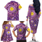Australia Indigenous World Cancer Day Purple Aboriginal Family Matching Off The Shoulder Long Sleeve Dress and Hawaiian Shirt Butterfly Ribbon