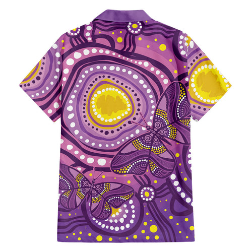 Australia Indigenous World Cancer Day Purple Aboriginal Family Matching Off The Shoulder Long Sleeve Dress and Hawaiian Shirt Butterfly Ribbon