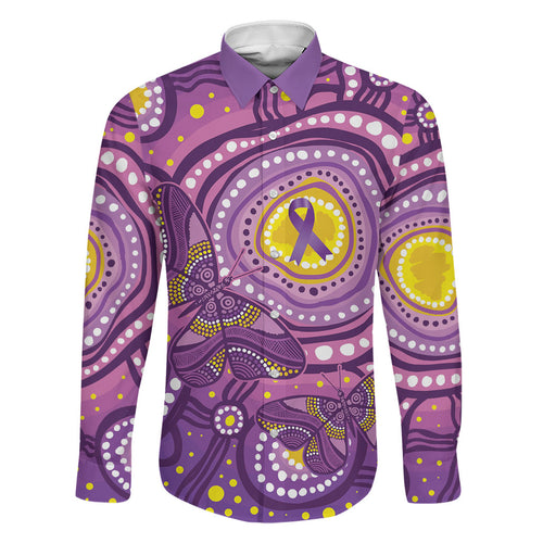 Australia Indigenous World Cancer Day Purple Aboriginal Family Matching Off The Shoulder Long Sleeve Dress and Hawaiian Shirt Butterfly Ribbon