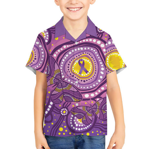 Australia Indigenous World Cancer Day Purple Aboriginal Family Matching Off The Shoulder Long Sleeve Dress and Hawaiian Shirt Butterfly Ribbon