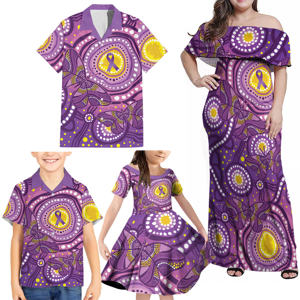 Australia Indigenous World Cancer Day Purple Aboriginal Family Matching Off Shoulder Maxi Dress and Hawaiian Shirt Butterfly Ribbon
