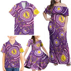 Australia Indigenous World Cancer Day Purple Aboriginal Family Matching Off Shoulder Maxi Dress and Hawaiian Shirt Butterfly Ribbon