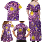 Australia Indigenous World Cancer Day Purple Aboriginal Family Matching Off Shoulder Maxi Dress and Hawaiian Shirt Butterfly Ribbon