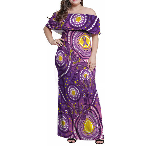 Australia Indigenous World Cancer Day Purple Aboriginal Family Matching Off Shoulder Maxi Dress and Hawaiian Shirt Butterfly Ribbon