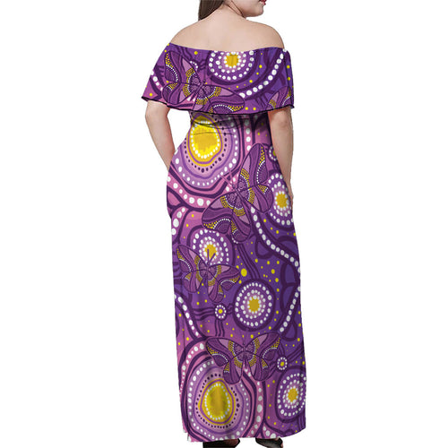 Australia Indigenous World Cancer Day Purple Aboriginal Family Matching Off Shoulder Maxi Dress and Hawaiian Shirt Butterfly Ribbon
