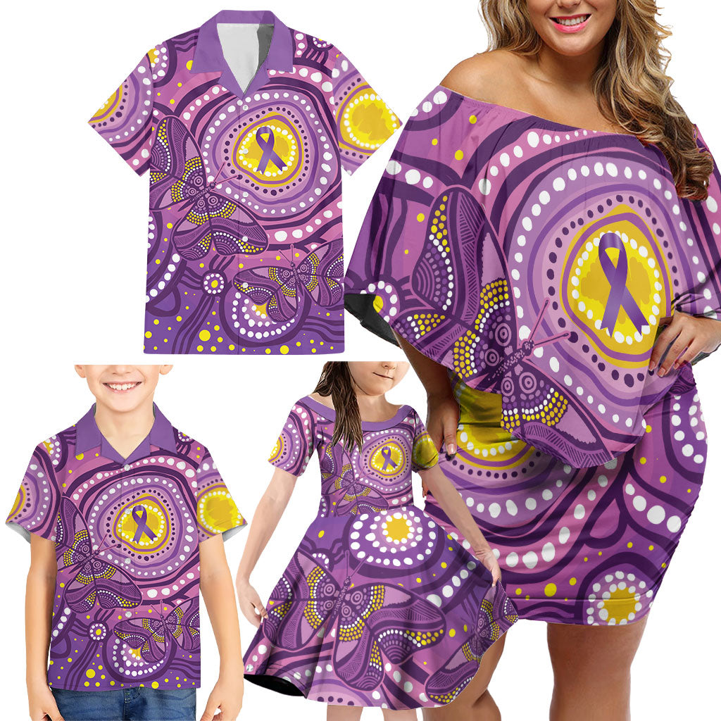 Australia Indigenous World Cancer Day Purple Aboriginal Family Matching Off Shoulder Short Dress and Hawaiian Shirt Butterfly Ribbon