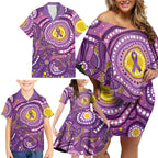 Australia Indigenous World Cancer Day Purple Aboriginal Family Matching Off Shoulder Short Dress and Hawaiian Shirt Butterfly Ribbon