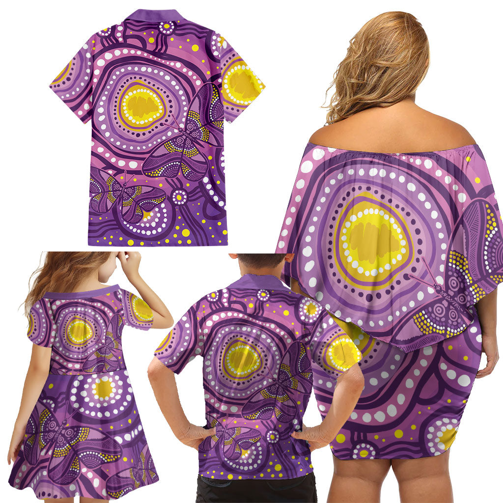 Australia Indigenous World Cancer Day Purple Aboriginal Family Matching Off Shoulder Short Dress and Hawaiian Shirt Butterfly Ribbon