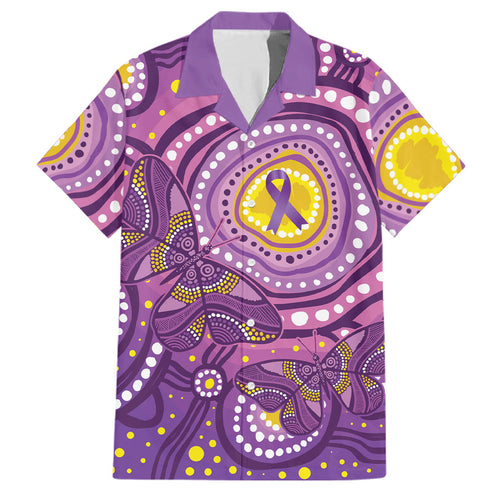 Australia Indigenous World Cancer Day Purple Aboriginal Family Matching Off Shoulder Short Dress and Hawaiian Shirt Butterfly Ribbon
