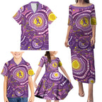 Australia Indigenous World Cancer Day Purple Aboriginal Family Matching Puletasi and Hawaiian Shirt Butterfly Ribbon